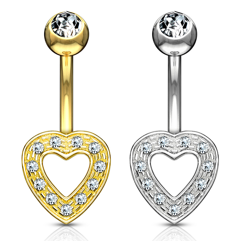 Zlatý 14kt piercing do pupíku se srdíčkem a kamínky